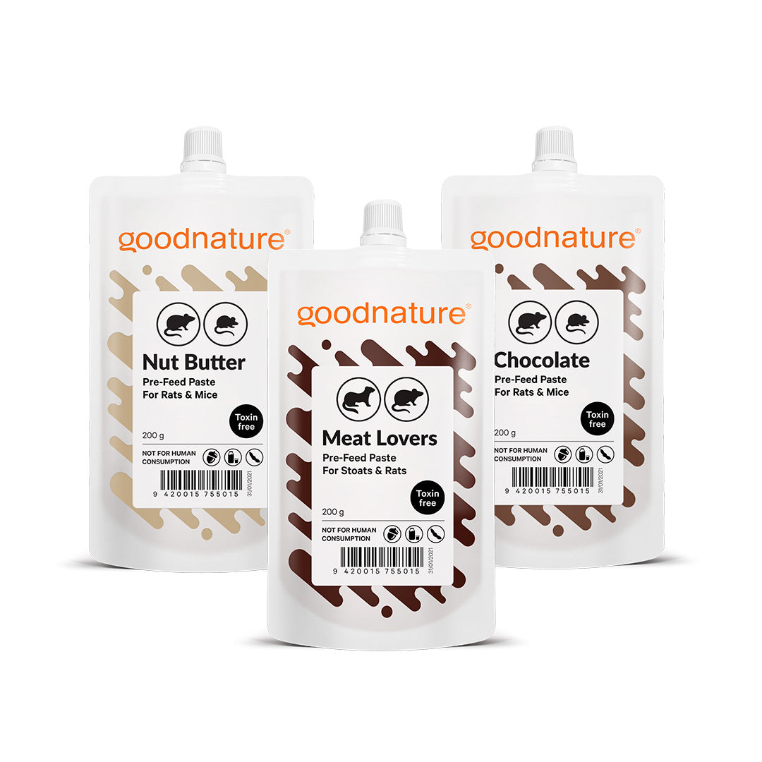 Nut Butter, Meat Lovers, and Chocolate pre-feed paste pouches
